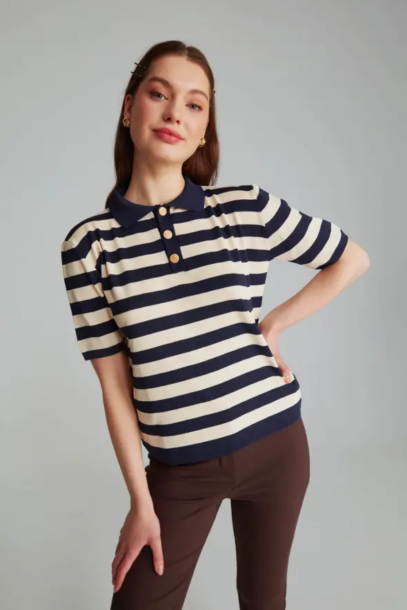 Polo Neck Striped Sweater - Navy Blue - 1
