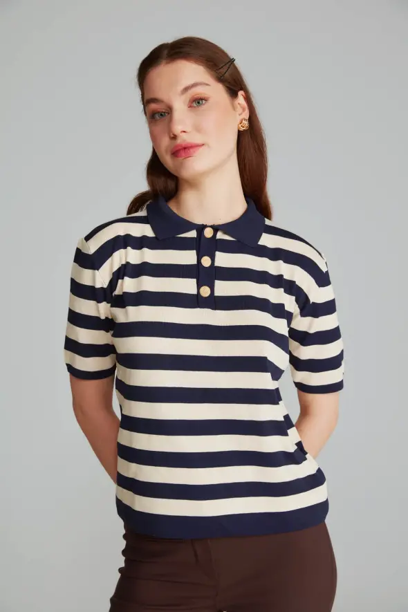 Polo Neck Striped Sweater - Navy Blue - 4