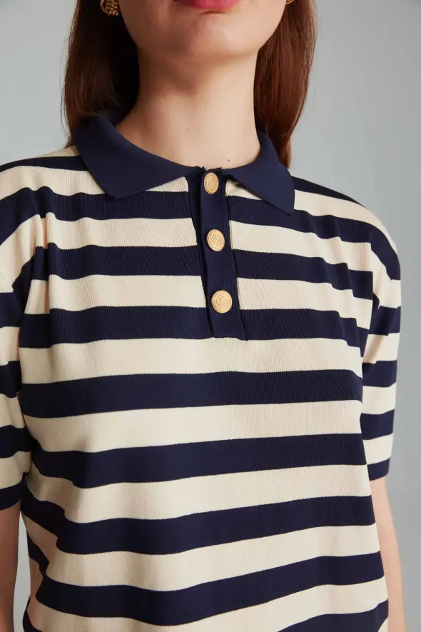 Polo Neck Striped Sweater - Navy Blue - 5