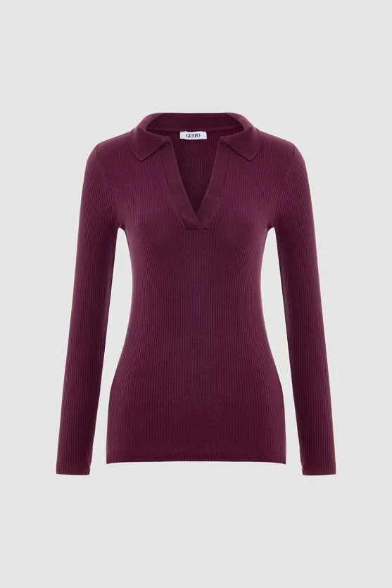 Polo Necked Cotton Knit Blouse Plum - 3
