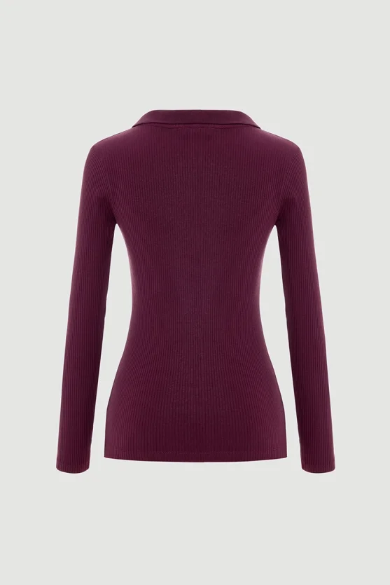 Polo Necked Cotton Knit Blouse Plum - Gusto