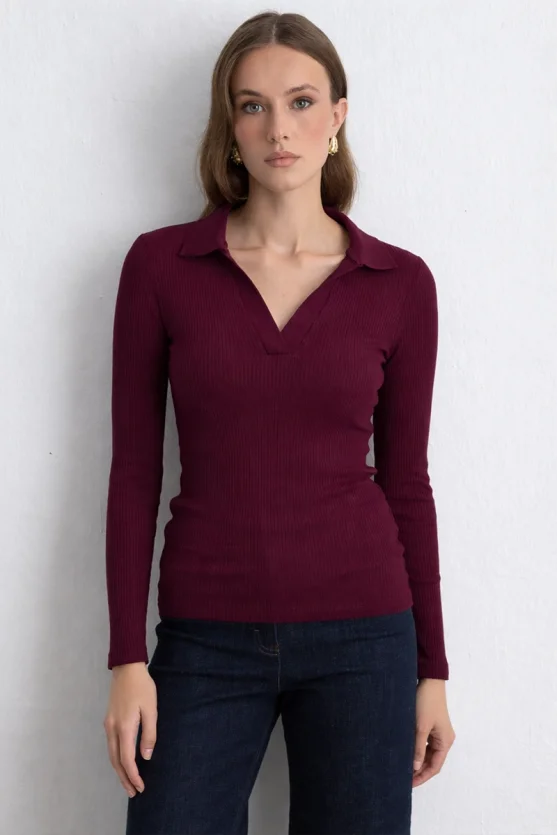 Polo Necked Cotton Knit Blouse Plum - Gusto