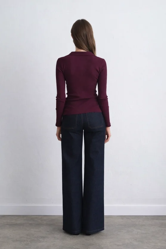 Polo Necked Cotton Knit Blouse Plum - 2