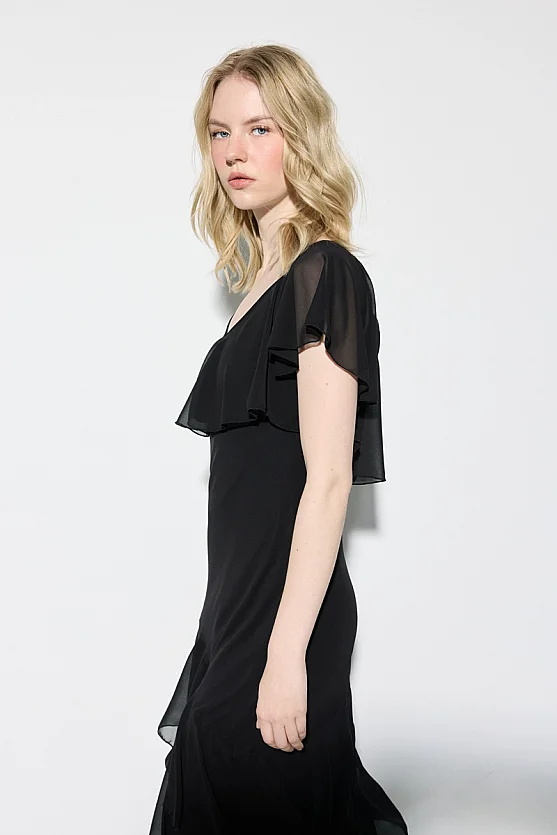 Premium Ruffle Detailed Long Evening Dress - Black - Gusto