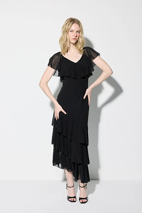 Premium Ruffle Detailed Long Evening Dress - Black - Gusto