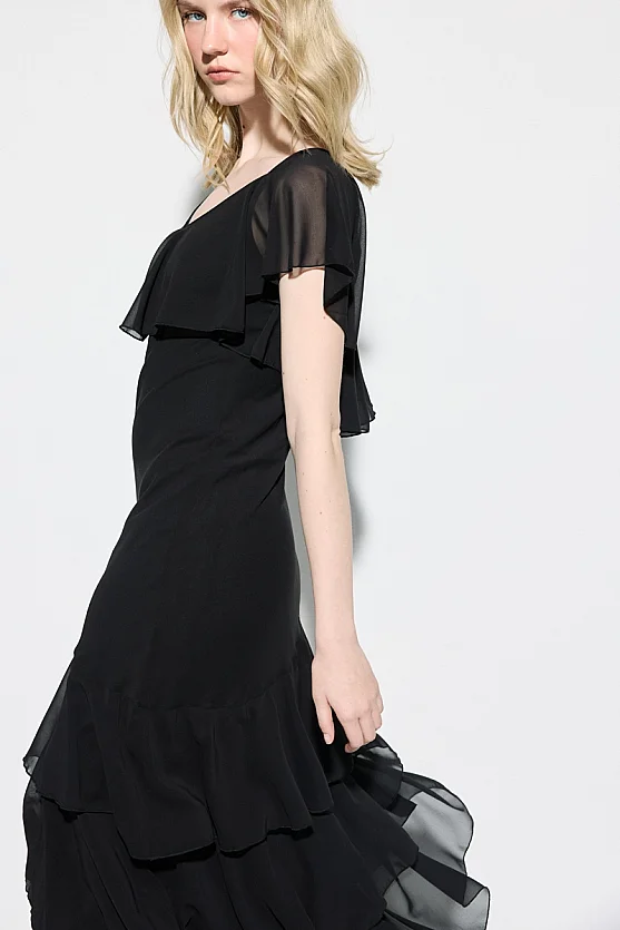 Premium Ruffle Detailed Long Evening Dress - Black - Gusto