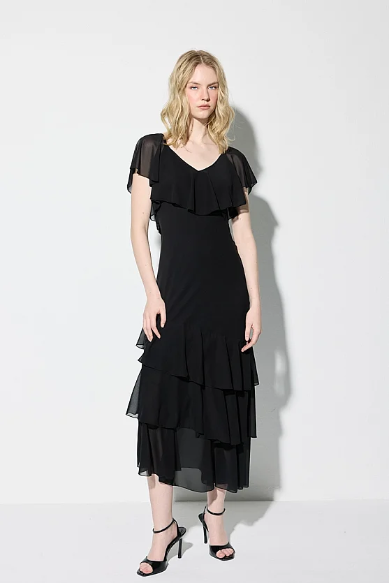 Premium Ruffle Detailed Long Evening Dress - Black - Gusto