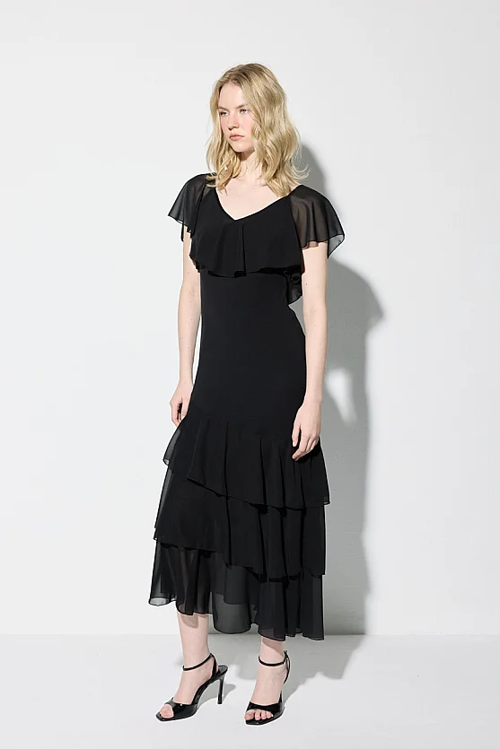 Premium Ruffle Detailed Long Evening Dress - Black - Gusto