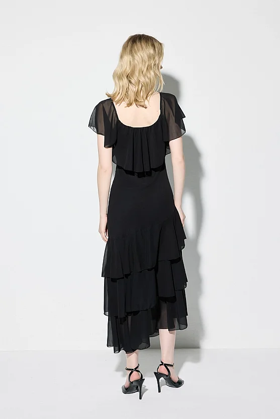 Premium Ruffle Detailed Long Evening Dress - Black - Gusto
