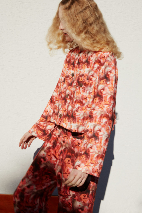 Printed Linen Short Jacket - Burgundy - 2