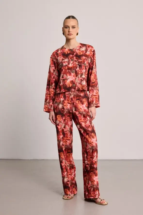 Printed Linen Short Jacket - Burgundy - 1
