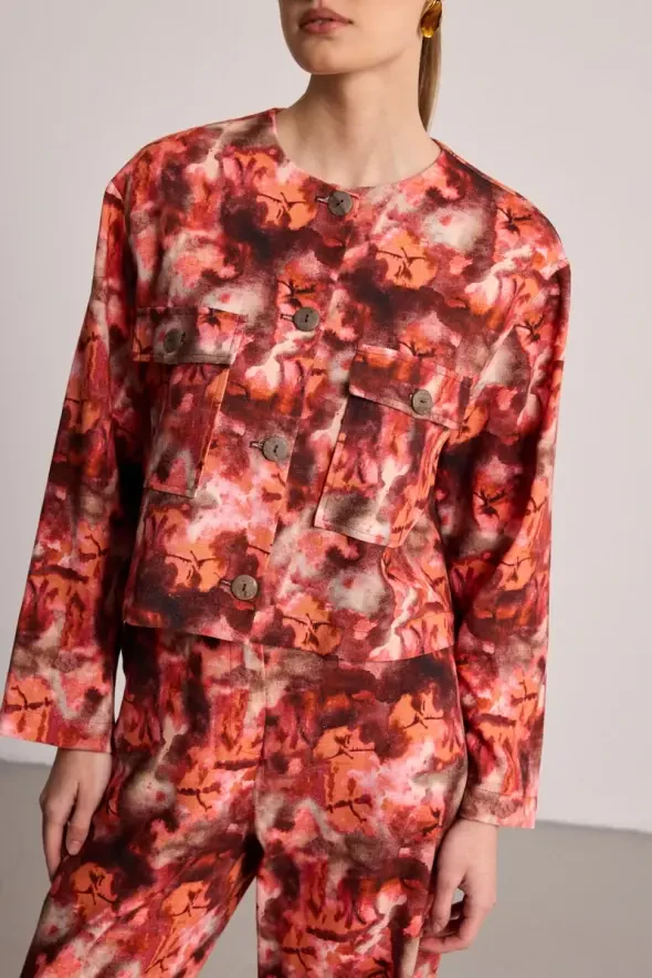 Printed Linen Short Jacket - Burgundy - 5