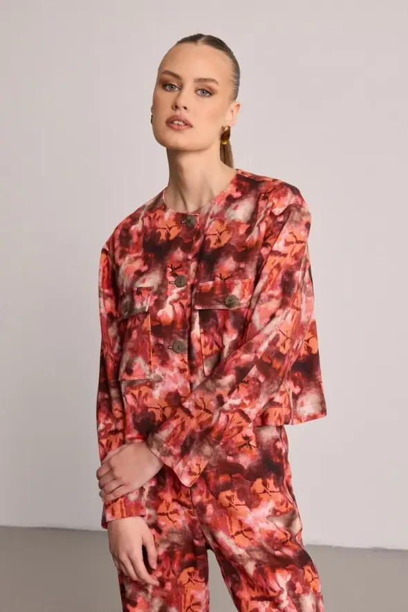 Printed Linen Short Jacket - Burgundy - 6