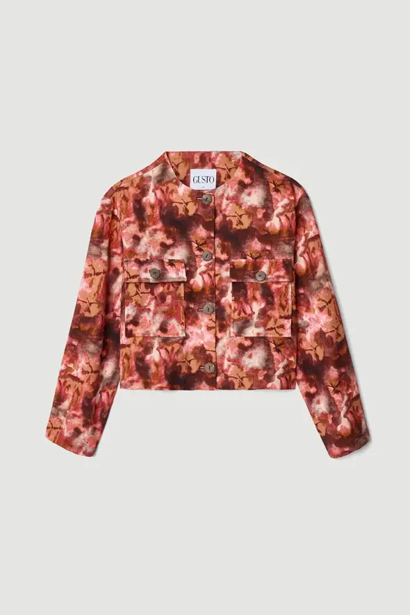 Printed Linen Short Jacket - Burgundy - 8