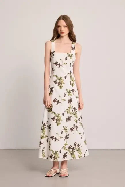 Printed Long Lined Linen Dress - White White