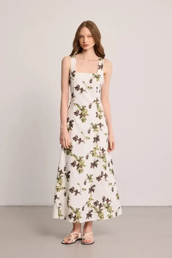 Printed Long Lined Linen Dress - White - 1