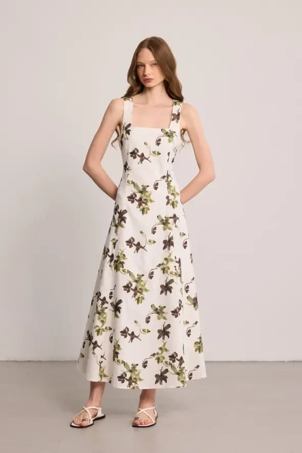 Printed Long Lined Linen Dress - White - 3
