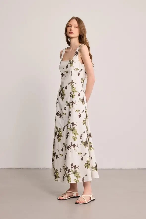 Printed Long Lined Linen Dress - White - 4