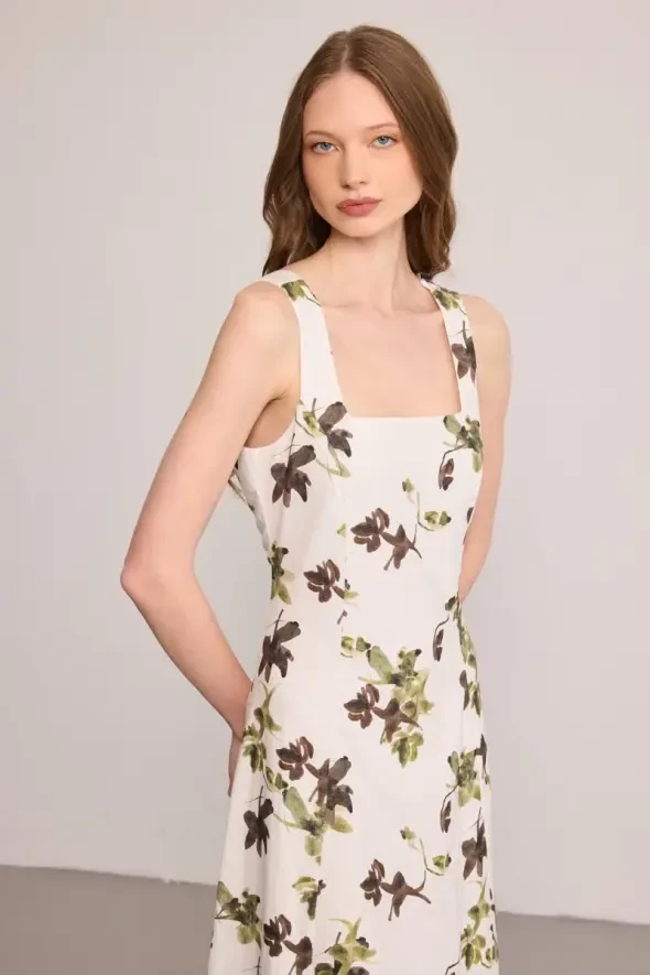 Printed Long Lined Linen Dress - White - 5
