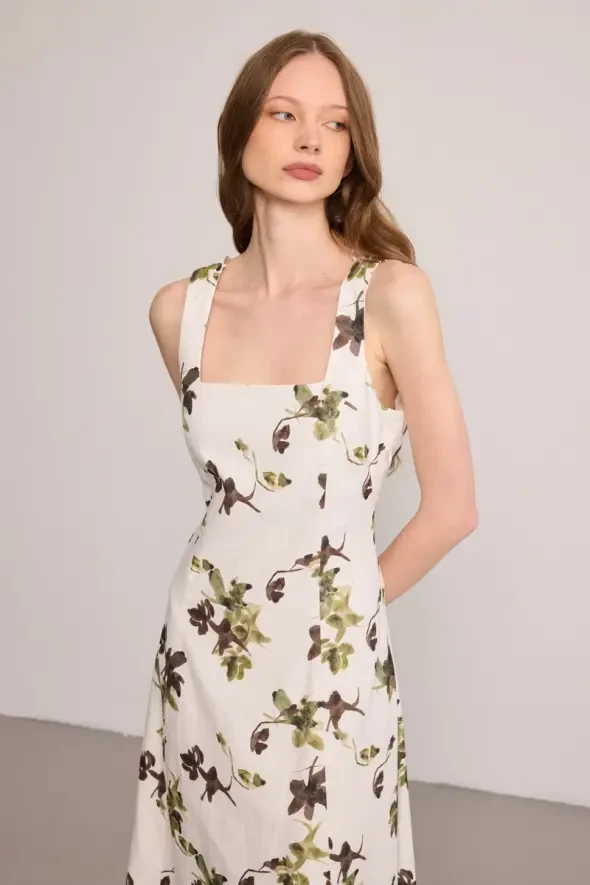 Printed Long Lined Linen Dress - White - 6