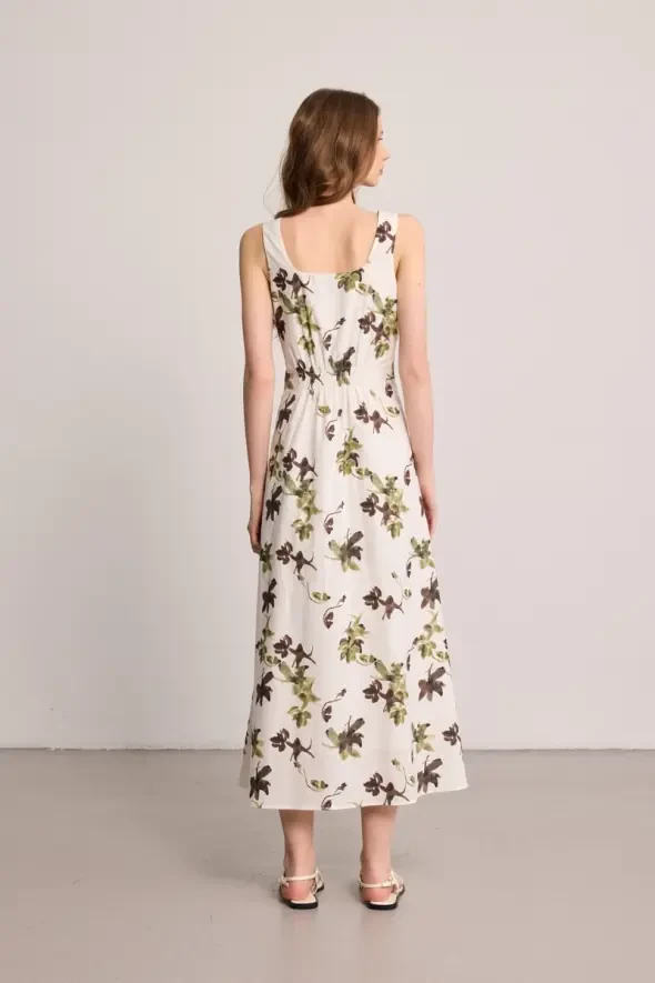 Printed Long Lined Linen Dress - White - 8