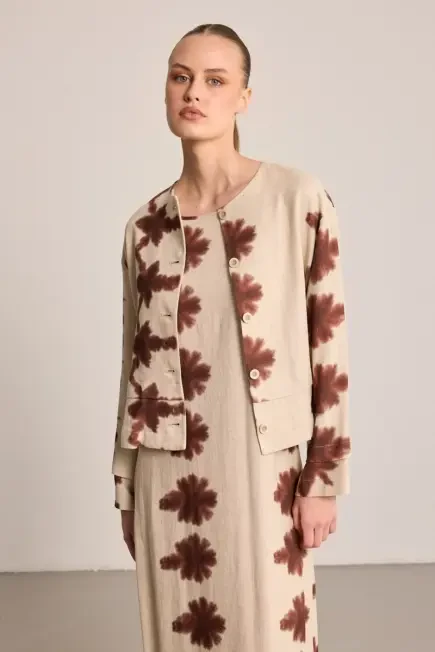 Printed Short Linen Jacket - Beige - Gusto