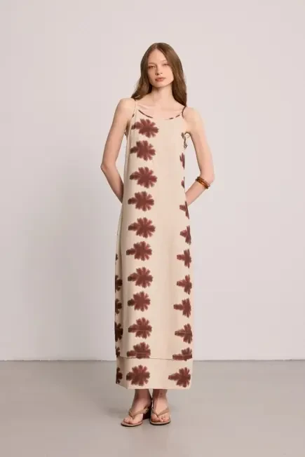 Printed Thin Strap Linen Dress - Beige - Gusto