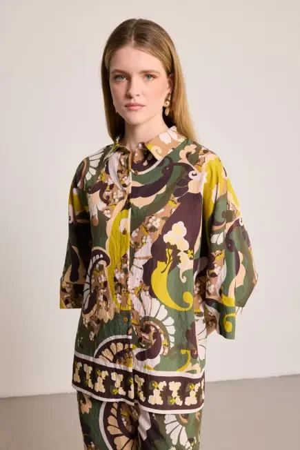 Printed Viscose Blend Shirt - Khaki - Gusto