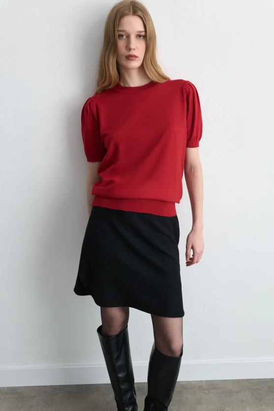 Puff Sleeve Knit Blouse - Red - Gusto