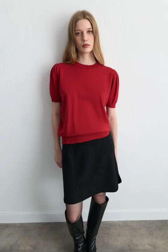 Puff Sleeve Knit Blouse Red - 2