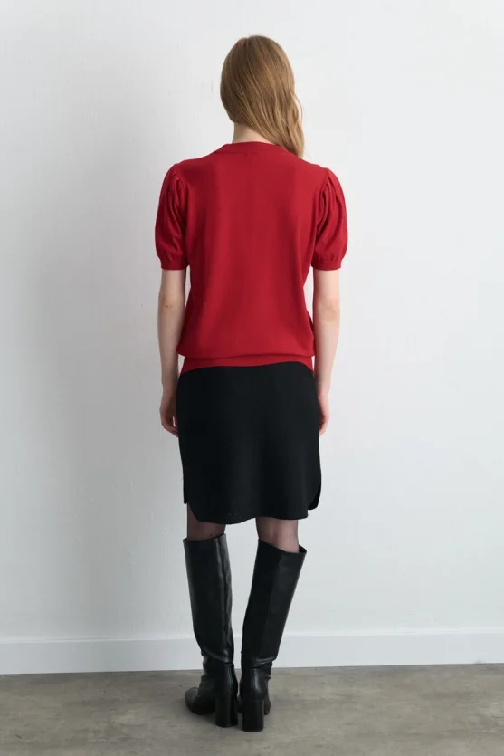 Puff Sleeve Knit Blouse Red - Gusto