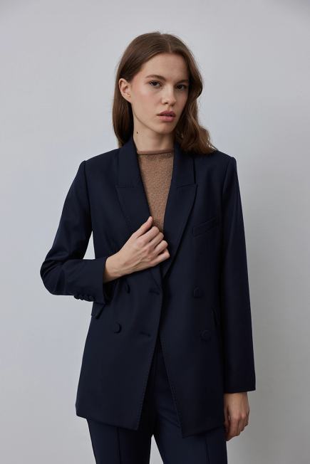 Punto Stitched Double-Breasted Jacket - Navy Blue - Gusto