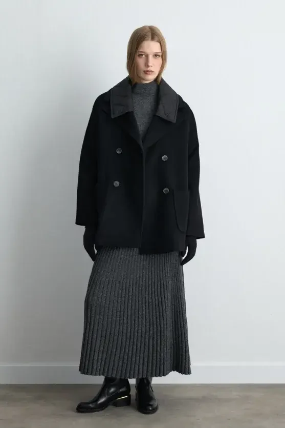 Quilted Collar Wool Coat - Black - 1