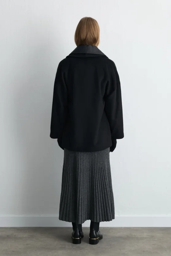 Quilted Collar Wool Coat - Black - 7