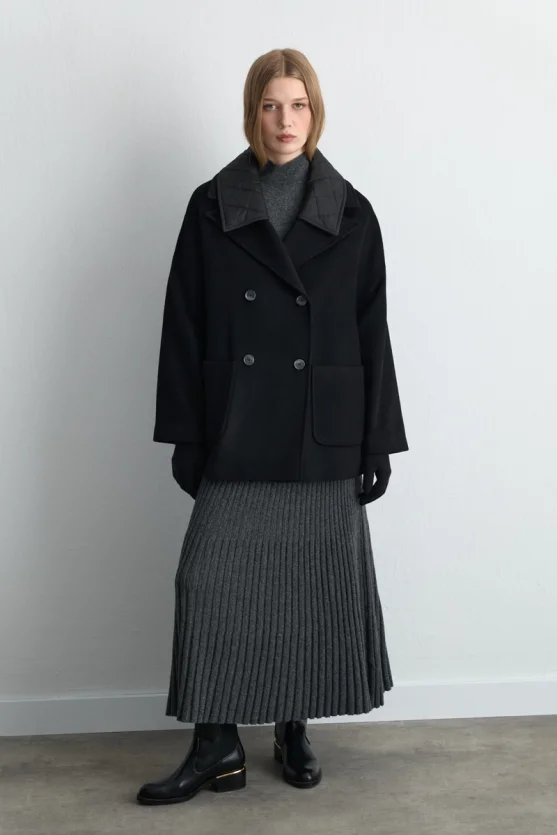 Quilted Collar Wool Coat Black - 4