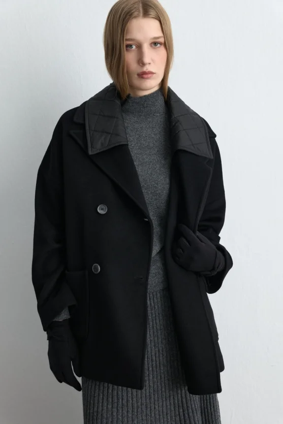 Quilted Collar Wool Coat Black - Gusto