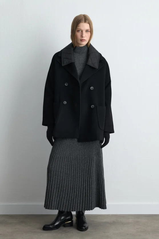 Quilted Collar Wool Coat Black - Gusto