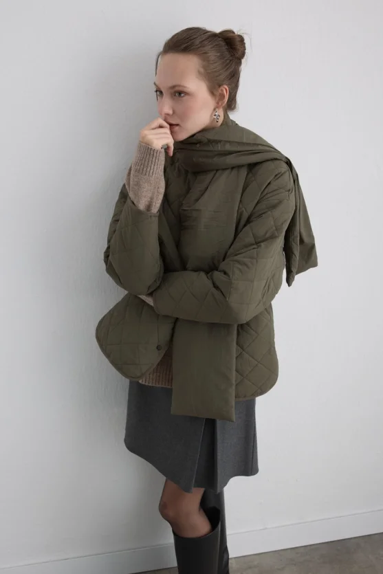 Quilted Jacket with Scarf - Khaki - Gusto