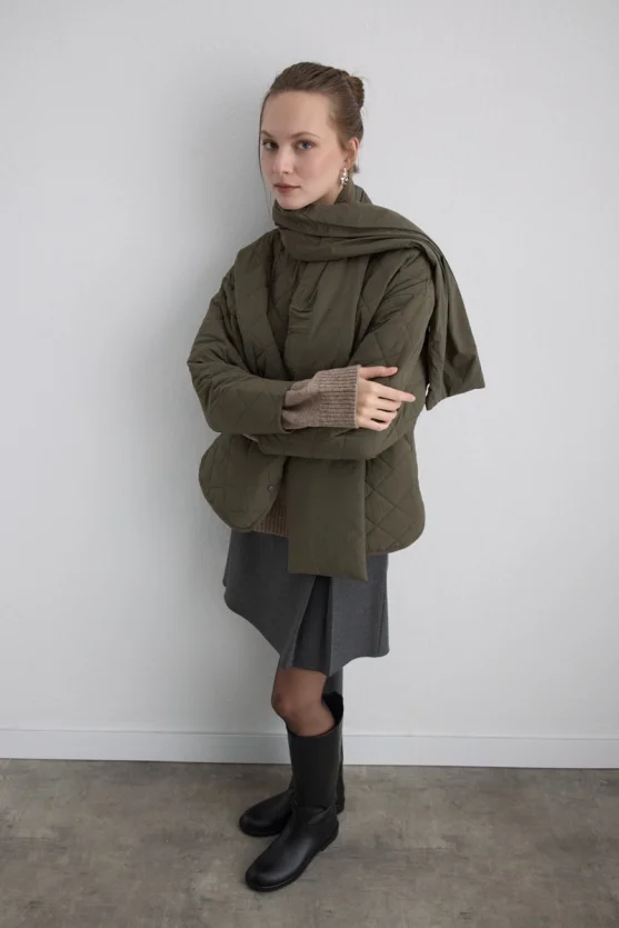 Quilted Jacket with Scarf - Khaki - Gusto