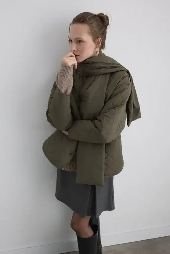 Quilted Jacket with Scarf - Khaki - Gusto