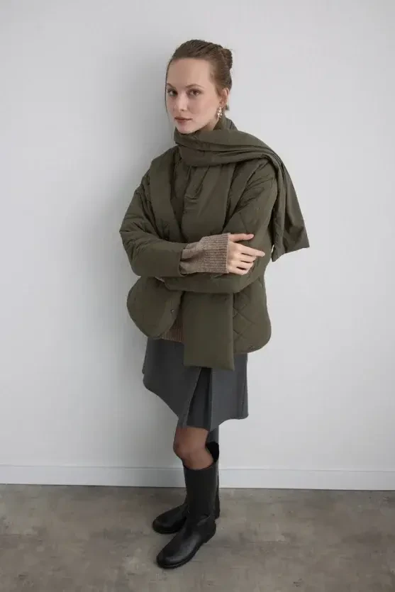 Quilted Jacket with Scarf - Khaki - Gusto