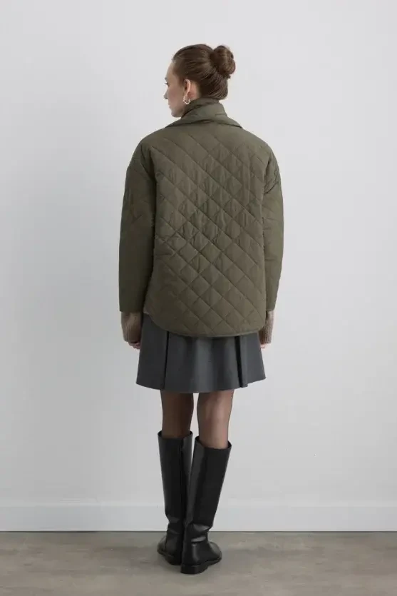 Quilted Jacket with Scarf - Khaki - 5