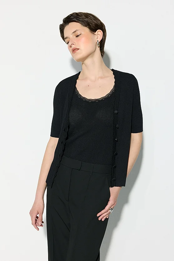 Rayon Knit Cardigan with Lace Trim - Black - 3