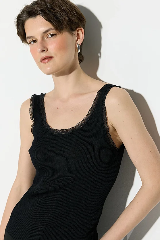 Rayon Knit Tank Top with Lace Trim - Black - 5