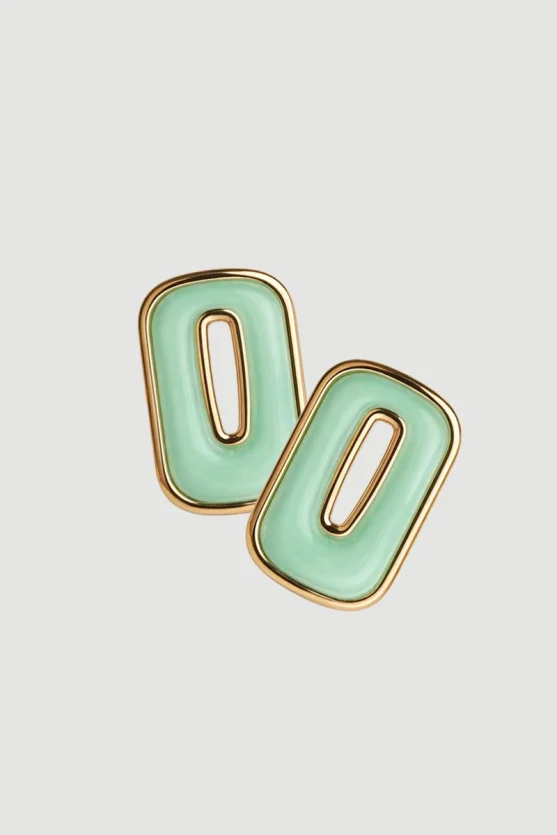 Rectangular Earrings with Gold Detail - Green - 2