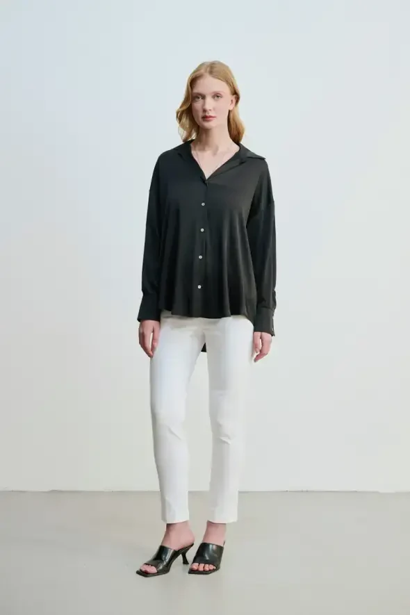 Relaxed Cut Silky Satin Shirt - Black - 2