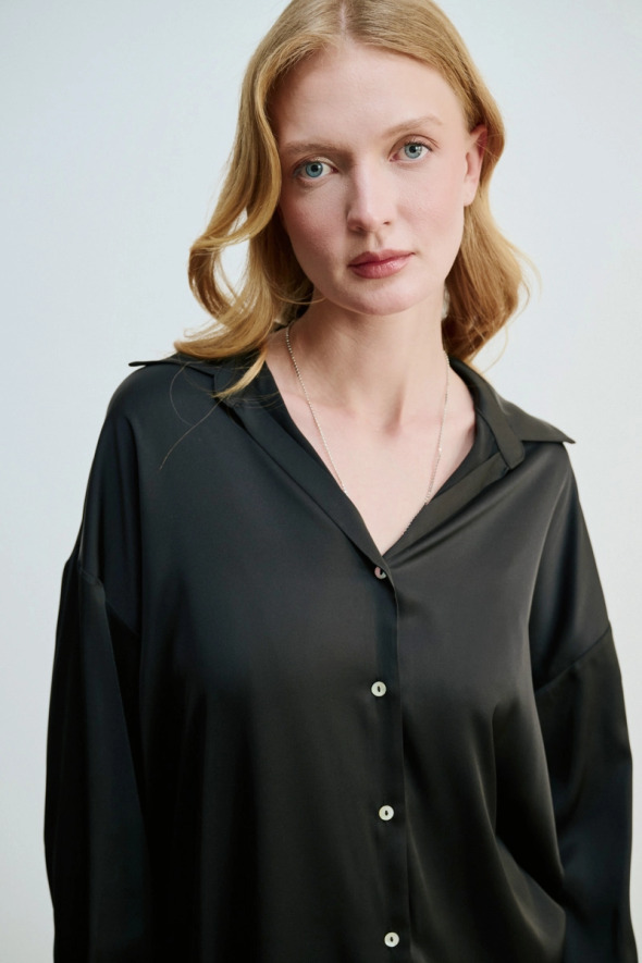 Relaxed Cut Silky Satin Shirt - Black - 3