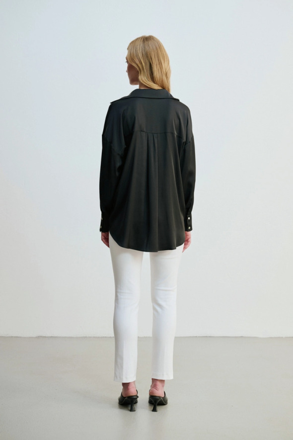 Relaxed Cut Silky Satin Shirt - Black - 4