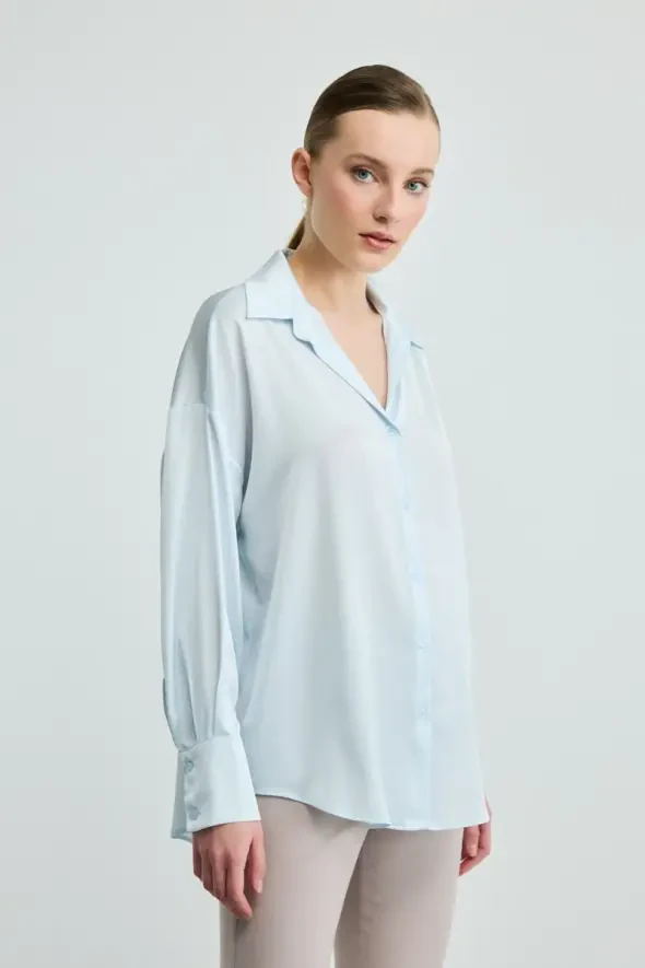 Relaxed Cut Silky Satin Shirt - Blue - Gusto