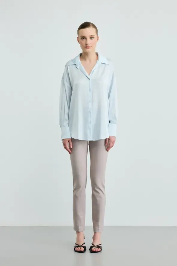 Relaxed Cut Silky Satin Shirt - Blue - Gusto